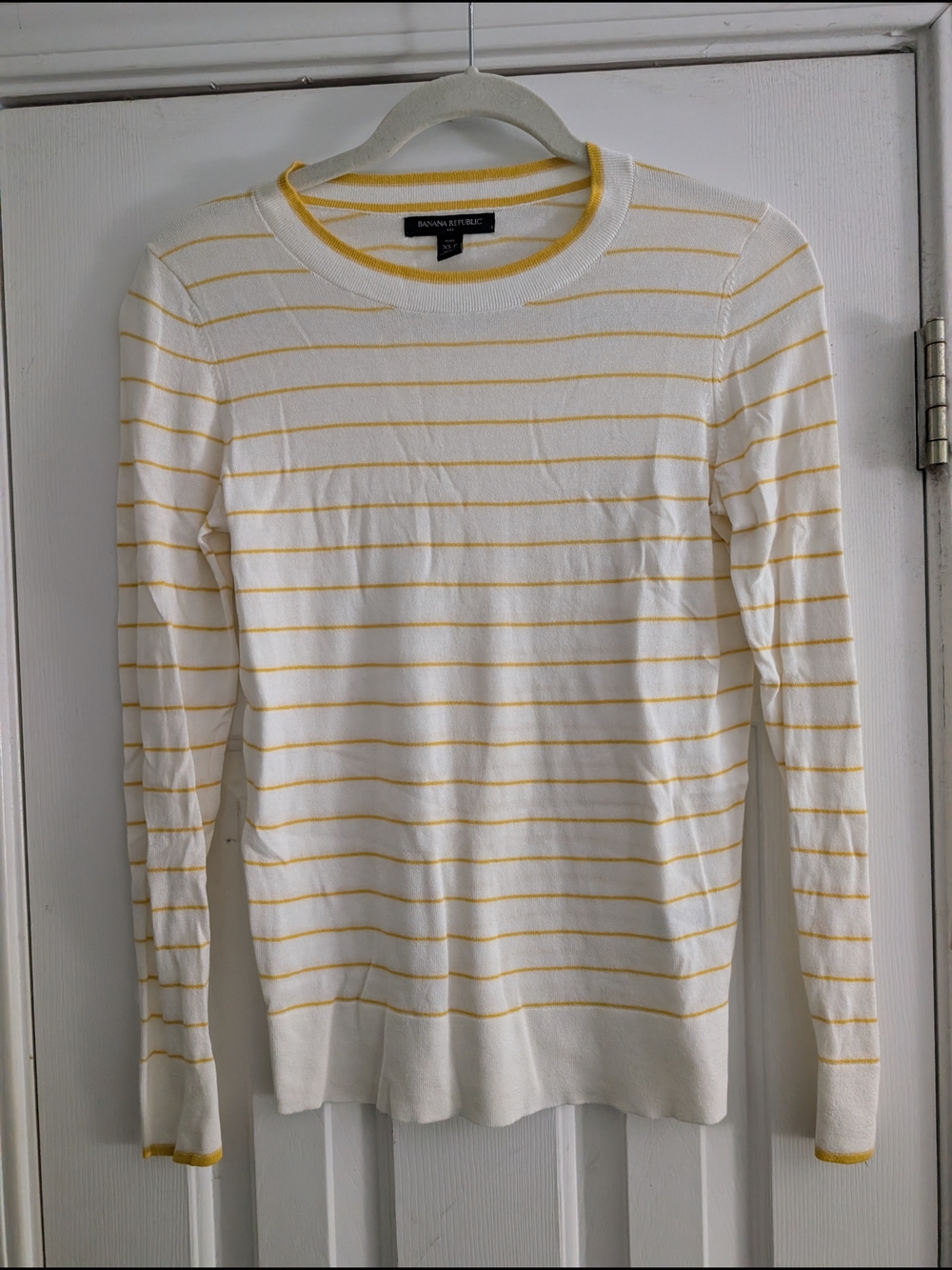 Banana Republic White and Yellow Striped Knit Crewneck